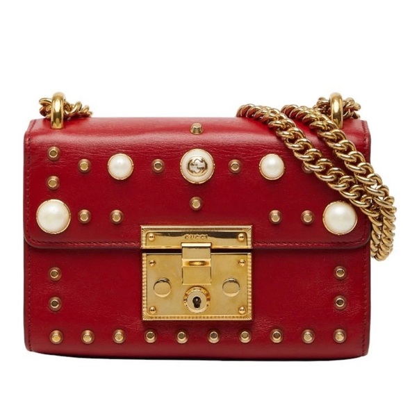 Gucci♥️ Red padlock Leather Pearl & Gold Stud Chain Crossbody Bag - Picture 11 of 11
